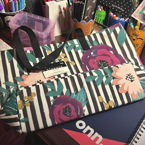 The Paper Studio Storage Tote Bag Black & White Stripe Floral - NEW w/tag - Picture 4 of 5